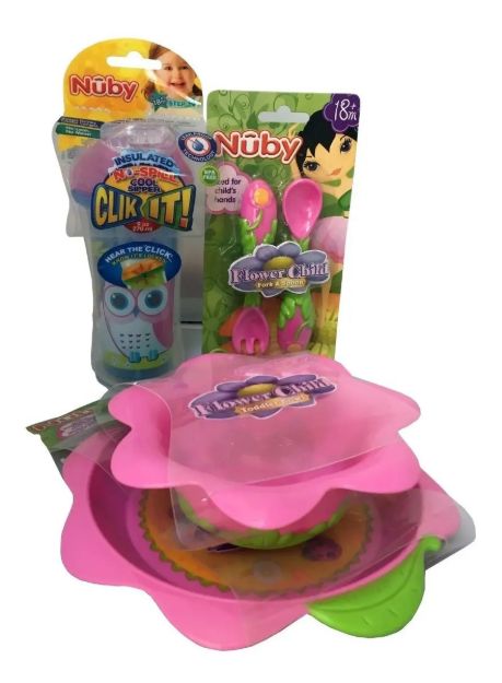 Imagen de Set Plato + Bowl + Cubiertos + Vaso Antivuelco Nuby Nenas 