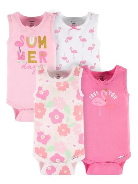 Imagen de Pack X4 Bodies  Bebes Gerber Algodón Flamencos Verano Rosa Chicle 24 Meses