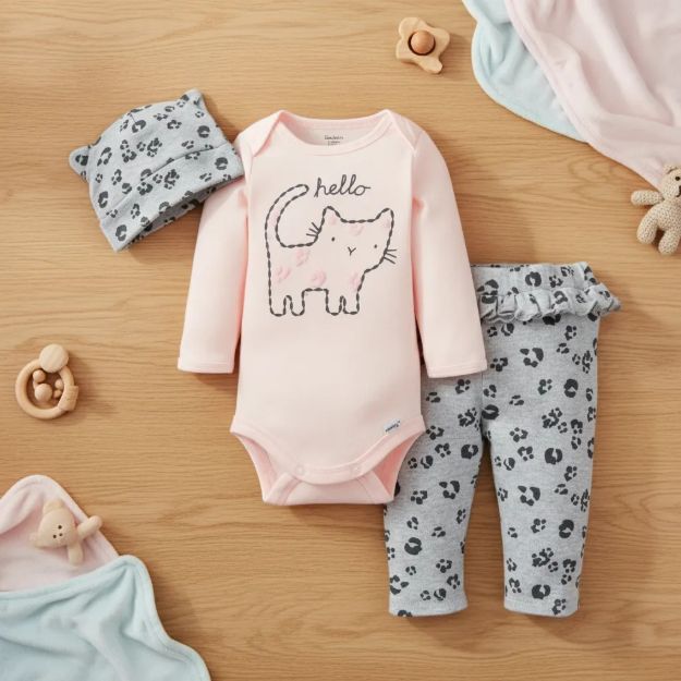 Imagen de Set X3 Piezas Body M/l, Calza Y Gorro Algodón Gerber Bebes Coral Claro 6 A 9m