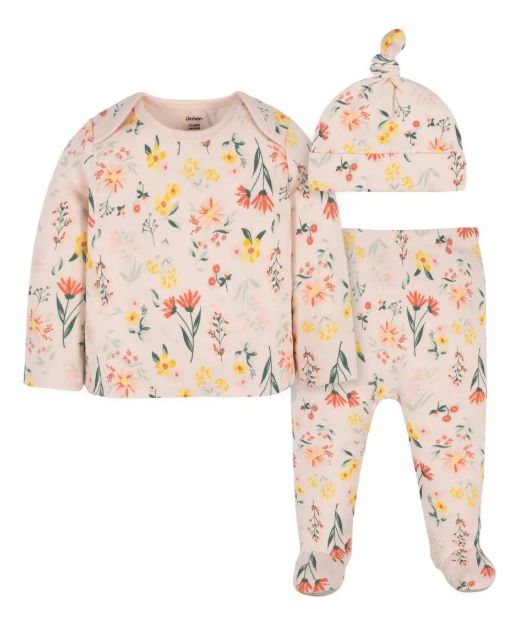 Imagen de Set De 3 Pcs Remera Manga Larga Pelele Con Pie Y Gorrito Coral Claro 0 A 3 Meses