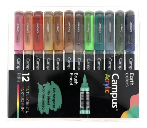 Imagen de Marcadores Campus Acrílicos 12 Colores Tierra Punta Pincel Para Papel Y Madera