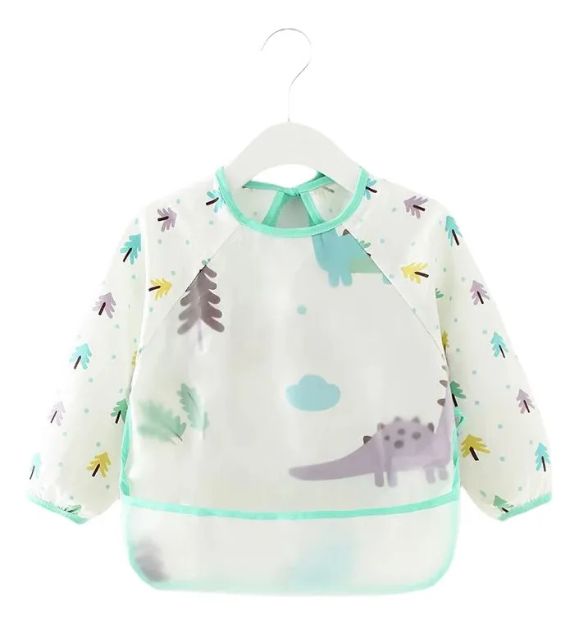 Imagen de Babero Mangas Largas Con Bolsillo Para Bebés Little Ones Dinosaurios Verde A Partir De Los 6 Meses