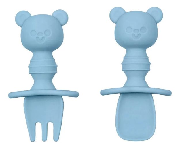 Imagen de Set Cubiertos Silicona Primeras Comidas Bebes 6m+ Buba Azul Claro Osito