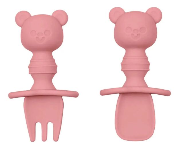 Imagen de Set Cubiertos Silicona Primeras Comidas Bebes 6m+ Buba Rosa Osito