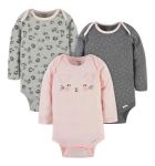 Imagen de Set X3 Bodies Manga Larga Algodón Bebes Gerber Ideal Interio Color Coral Claro Talle 0 A 3m Animal Print