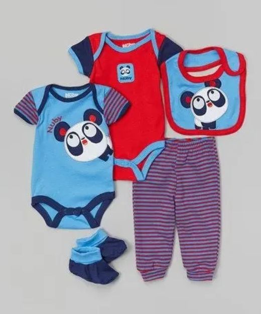 Imagen de Set De 5 Piezas Nuby Varón Bodies, Babero,zapatito, Pantalon Azul 6-9 Meses