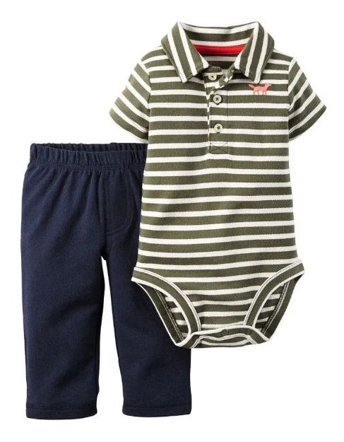 Imagen de Conjunto De Body Mangas Cortas A Rayas  Y Calza Azul Bebés Verde Musgo 18 Meses
