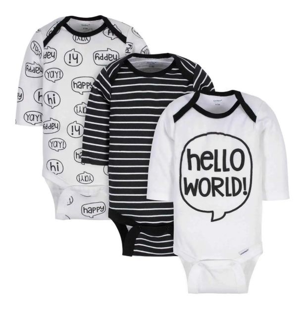 Imagen de Pack De 3 Bodies Mangas Largas Hello Gerber Bebés Algodon Blanco 12m