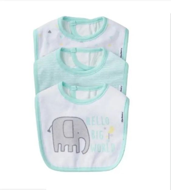 Imagen de Pack De 3 Baberos De Tela Impermeable Gerber Elefante Bebés  Terry Bib Elephant Verde Claro One Size
