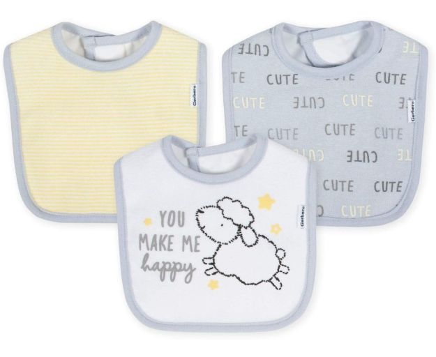 Imagen de Set De 3 Baberos Gerber Algodón Corderito Bebés Impermeables Terry Bib Lamb Beige One Size