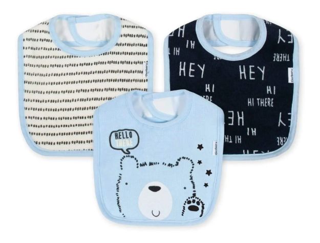 Imagen de Set De 3 Baberos Gerber Algodon Ositos  Bebés  Terry Bib Boy Azul One Size
