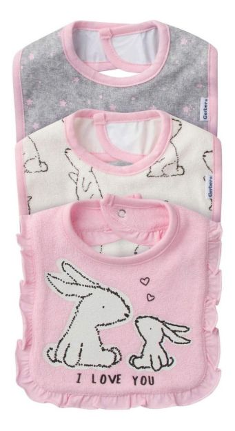 Imagen de Pack De 3 Baberos De Tela Impermeables Gerber Conejitos  Terry Bib Bunny Rosa One Size