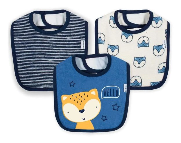 Imagen de Pack De 3 Baberos De Tela Impermeable Gerber Algodón Zorros  Terry Bib Boy Fox Azul One Size