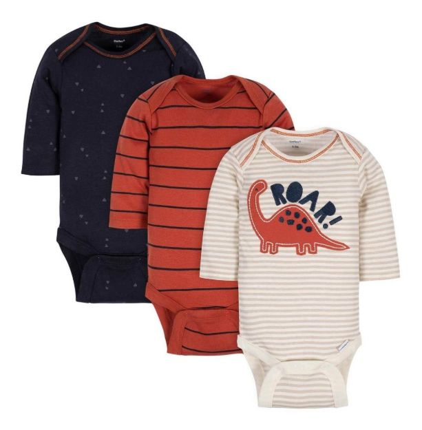 Imagen de Pack De 3 Bodies Mangas Largas Gerber Dino Bebés Invierno Terracota 6-9m
