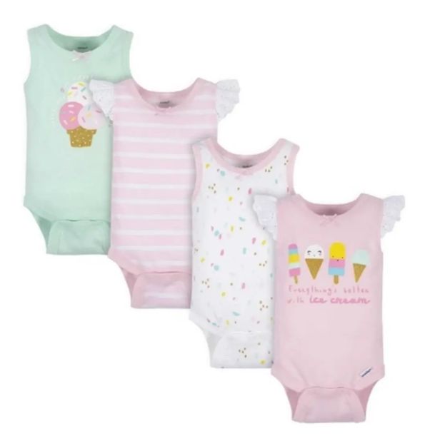 Imagen de Pack De 4 Bodies Musculosas Heladitos Gerber Algodón Bebes Rosa Claro 24m