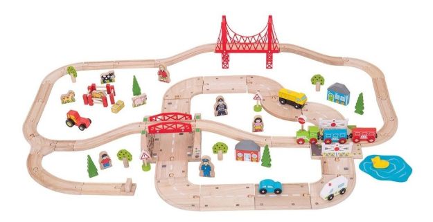 Imagen de Juego De Madera Pista De Trenes Estación Y Carretera Bigjigs Trenes Rojo