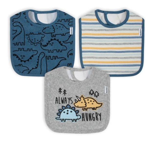 Imagen de Set De 3 Baberos Dinosaurio Azul Bebes Impermeables Gerber Dino Blue Azul 0 A 6 Meses