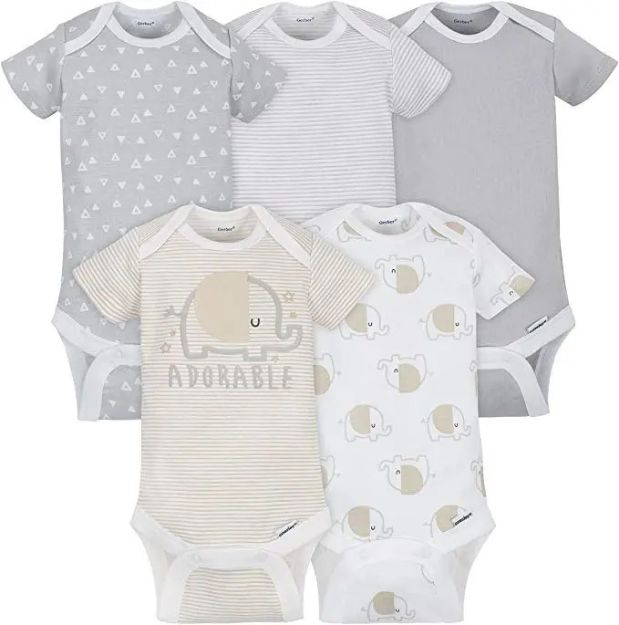 Imagen de Set De 5 Bodies Manga Corta Algodón Neutral Elefantes Gerber Beige 3 A 6 Meses