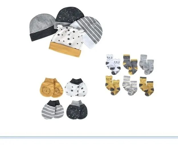 Imagen de Pack Regalo 4 Gorros, 4 Mitones, 6 Medias Algodón Orgánico L Amarillo 0 A 6 Meses
