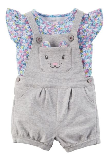 Imagen de Conjunto Para Bebés Remera Manga Corta Y Overol Floral Gris 24 Meses