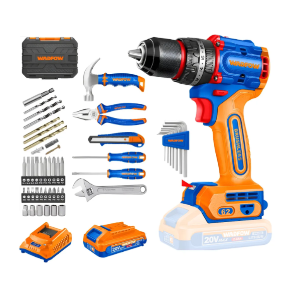 Imagen de Kit Taladro C/Percutor C/2 Bat 2Ah + 91 Herramientas Wadfow