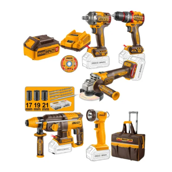 Imagen de Combo 5 Pzas taladro+amola+llave+foco+roto C/2 Bat 4Ah Ingco - Ynter Industrial