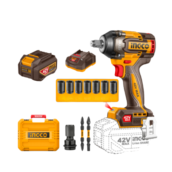 Imagen de Llave De Impacto 1/2" C/2Bat 2Ah Ingco 42V Brushless - Ynter